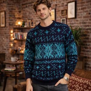 Vintage Lord & Taylor Sz L 100% Shetland Wool Knit Fair Isle Snowflake Sweater